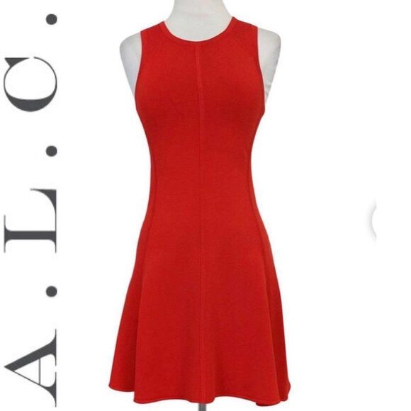 𝅺ALC Blood orange Sleeveless stretchy fit and flare bandage mini dress Sz L - Picture 4 of 11
